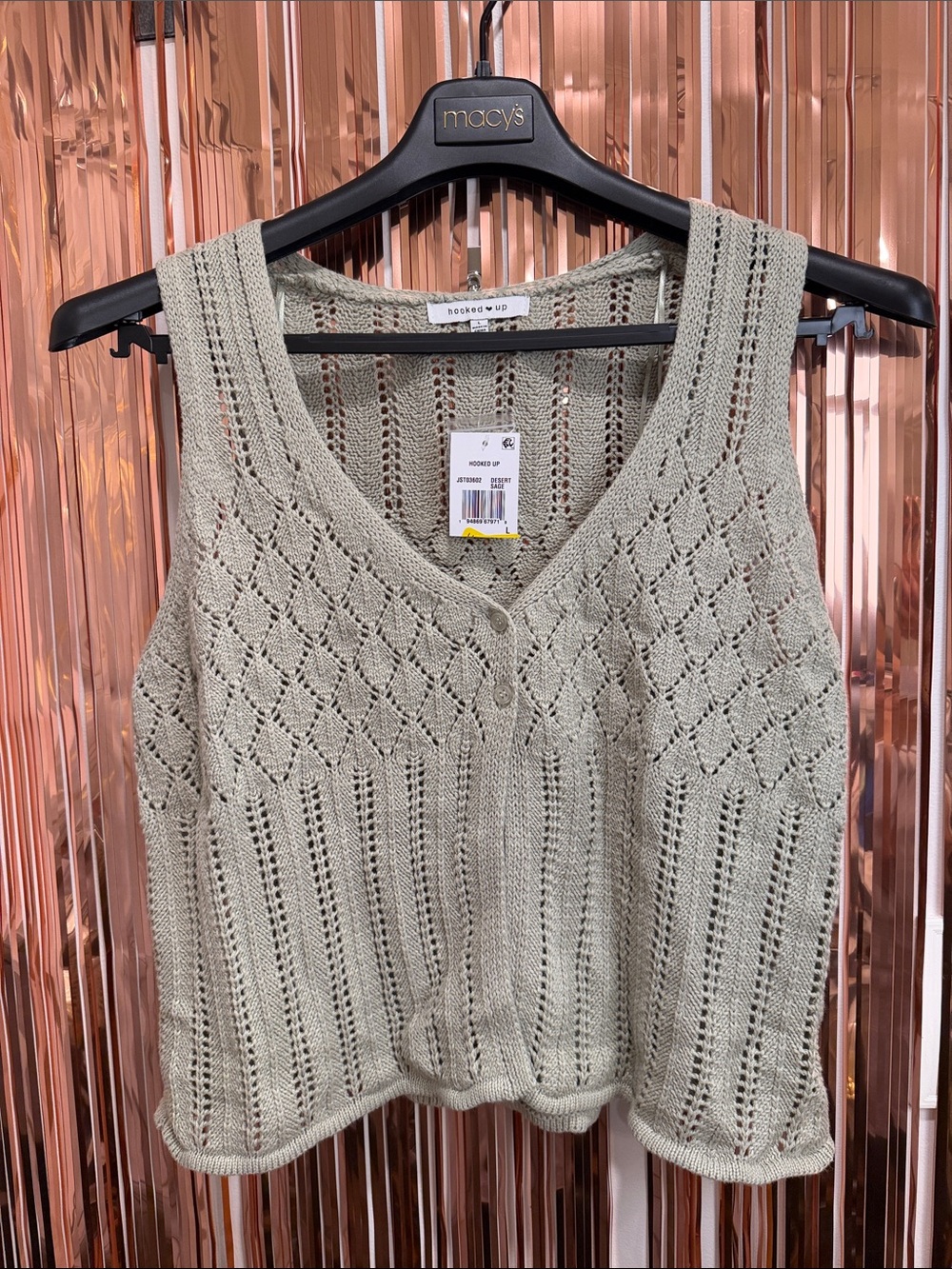 Hooked Up by IOT Sage Green Open-Knit V-Neck Tank NEW L